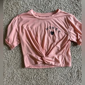 “Honey” pink crop shirt with twist design and heart decal